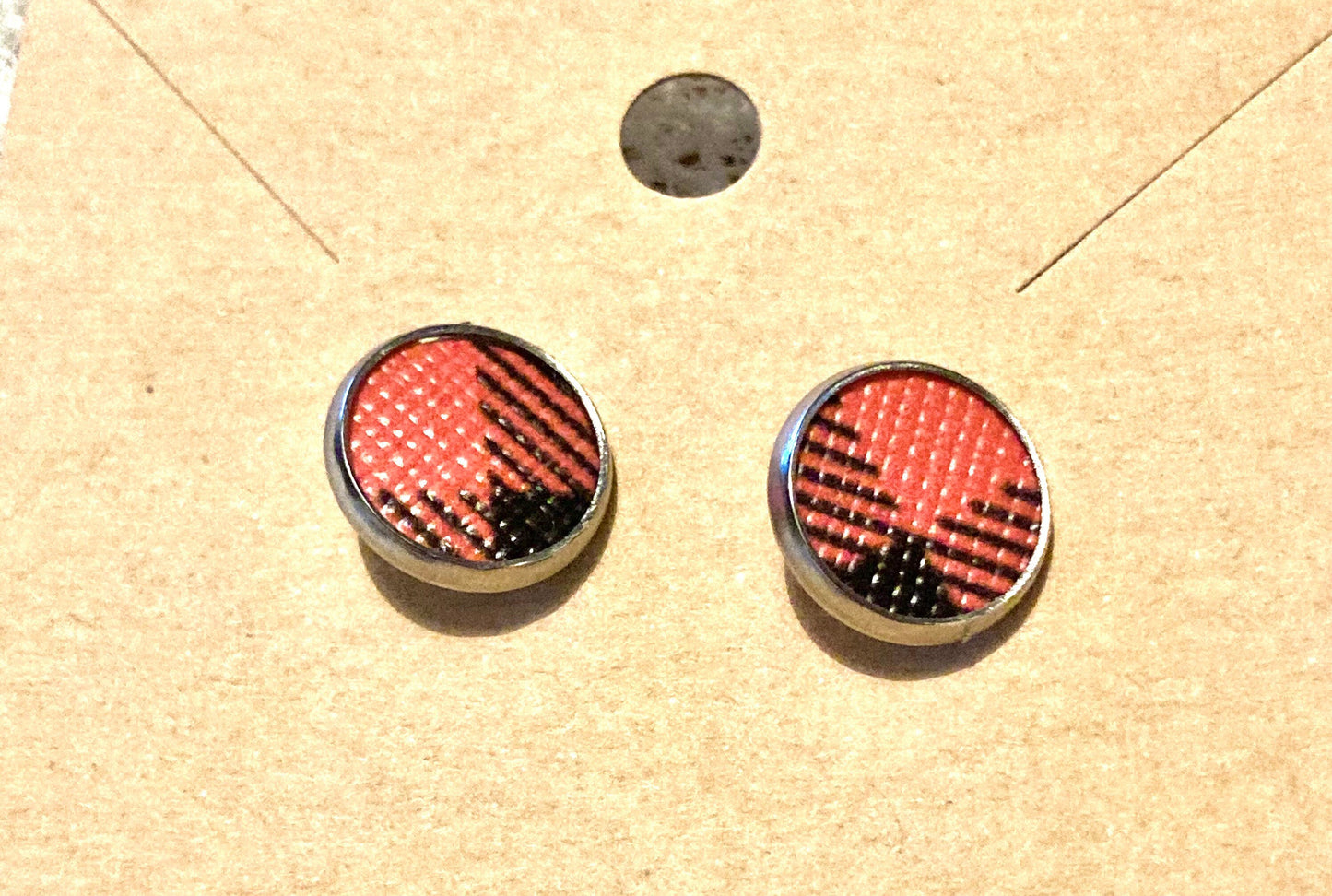 Orange and Black Buffalo Plaid Faux Leather Halloween Stud Earrings