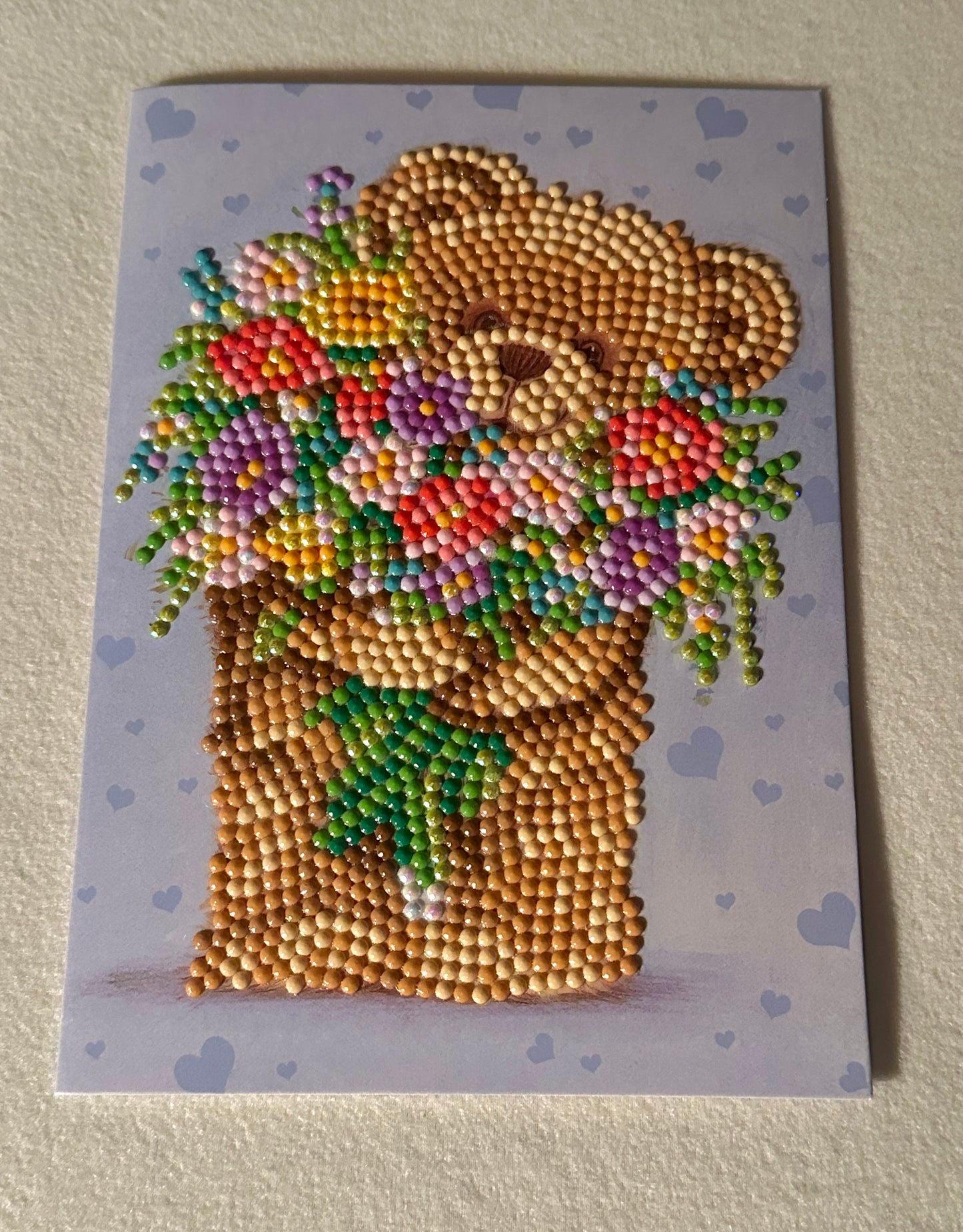 Teddy Bear with Flowers Diamond Art Greeting Card – Handmade Sparkle Card