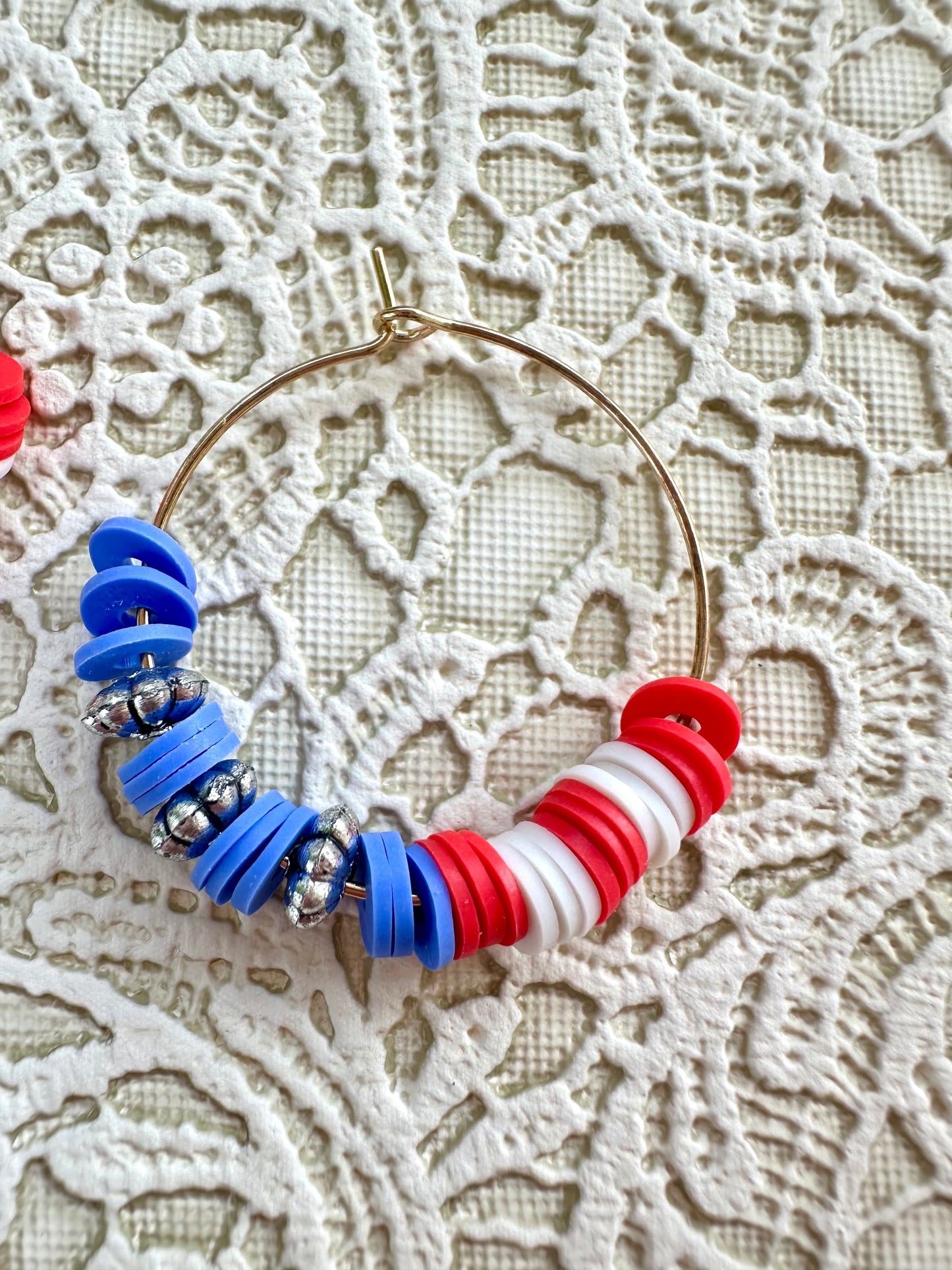 American Flag Heishi Bead Hoop Earrings – Red, White, and Blue Patriotic Jewelry (1.25”)