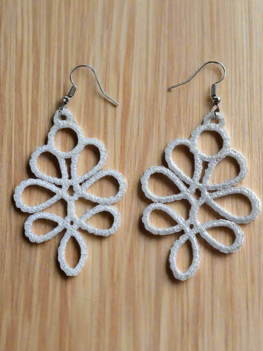 White Free Standing Lace Embroidered Earrings – Lightweight Floral Drop Earrings