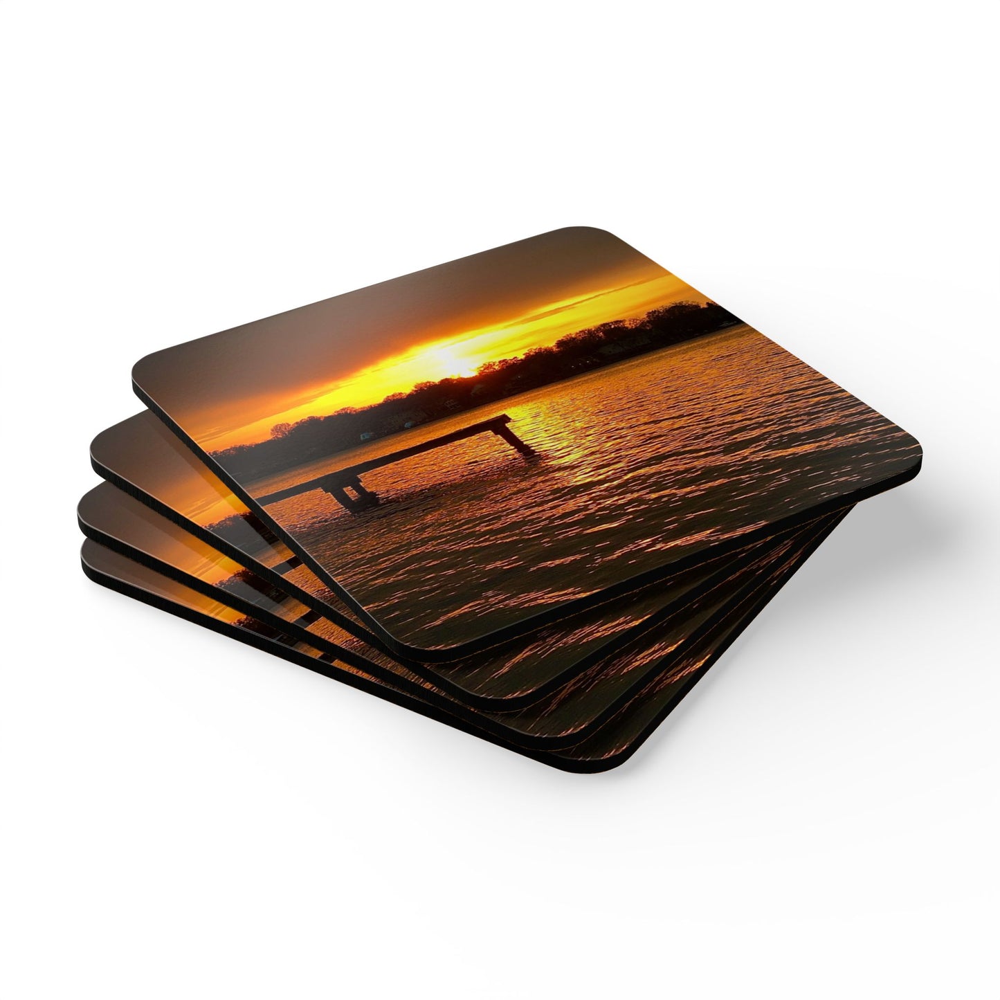 Sunset Dock Cork Coaster Set – Original Photography Drink Coasters (4-Pack)