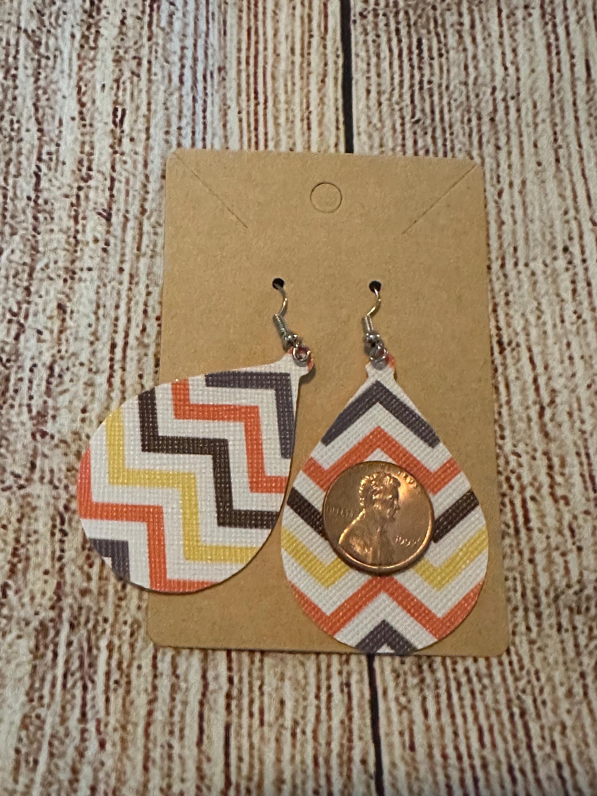 Fall Chevron Faux Leather Teardrop Earrings with penny for size