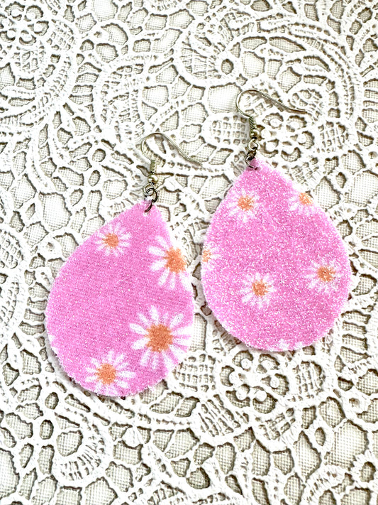 Glittery Pink Daisy Teardrop Earrings – Faux Leather Spring Earrings for Women