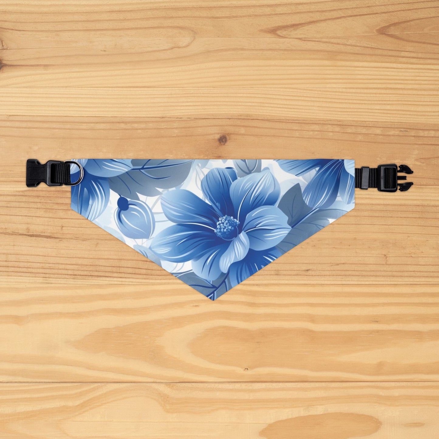 Blue and White Hawaiian Floral Dog Bandana, Over the Collar