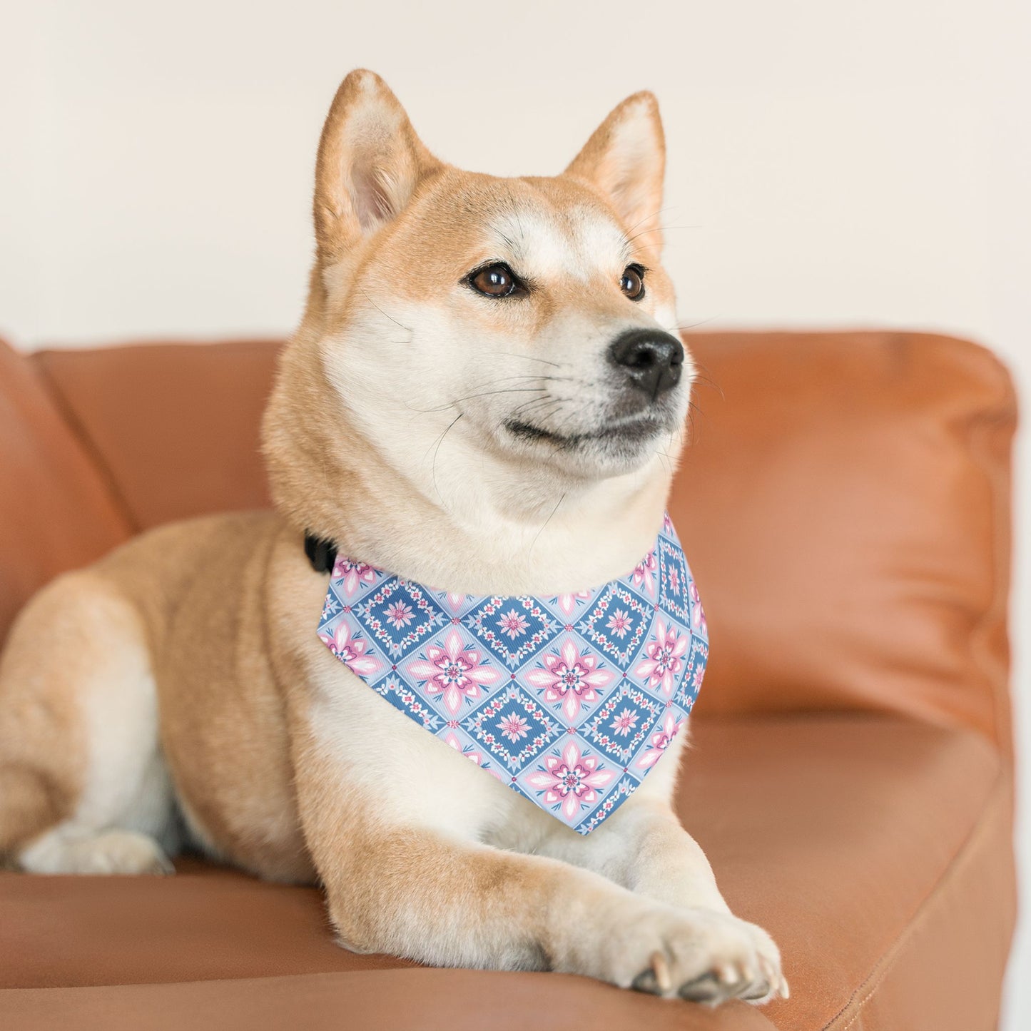Blue & Pink Quilt Block Dog Bandana, Over the Collar