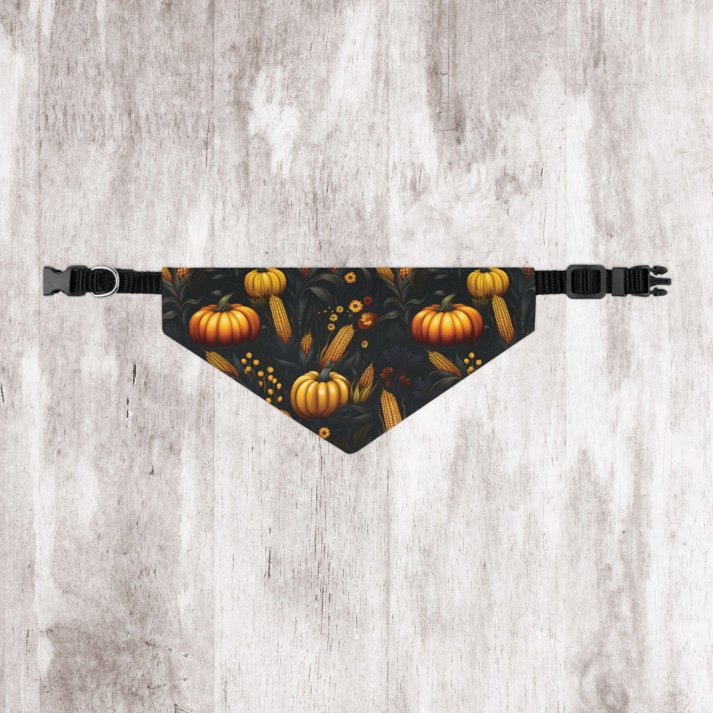 Fall Harvest Dog Bandana – Over-the-Collar – Pumpkins, Corn & Floral Pattern