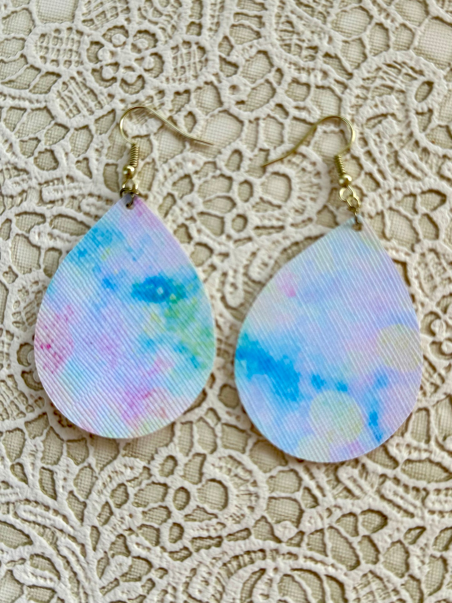 Pastel Watercolor Teardrop Earrings – Faux Leather Spring Dangle Earrings for Women