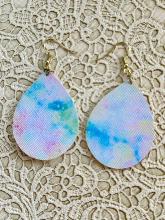 Pastel Watercolor Teardrop Earrings – Faux Leather Spring Dangle Earrings for Women