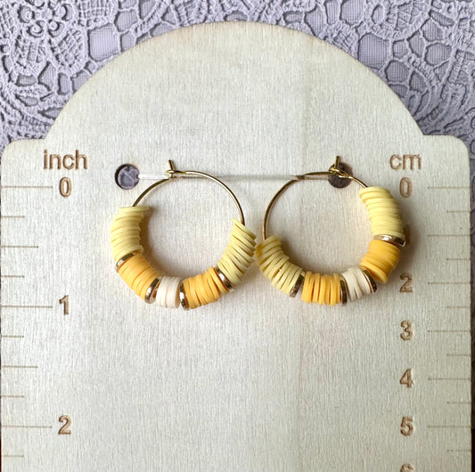 Yellow Heishi Beaded Hoop Earrings – 1" Gold Accent Handmade Clay Hoops
