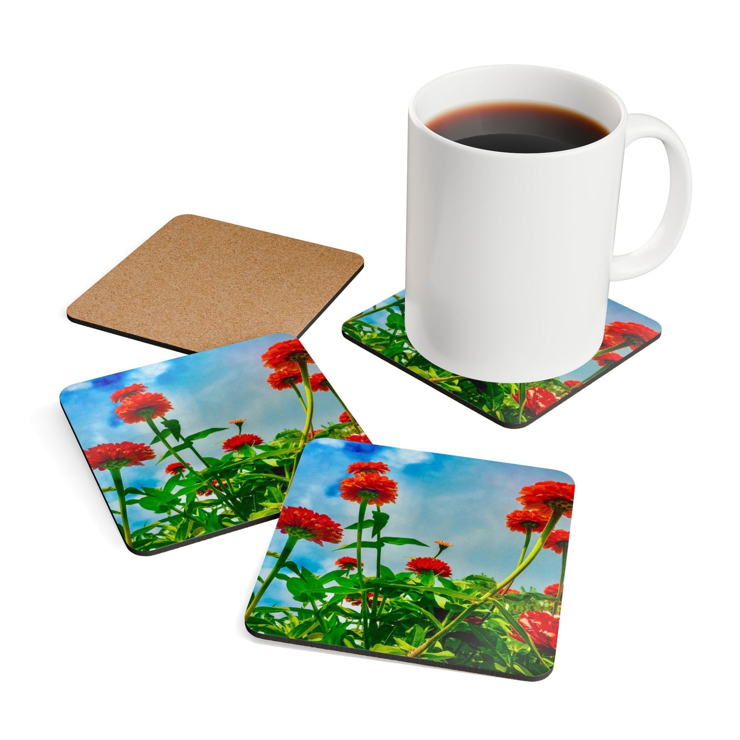 Red Zinnia Cork Coaster Set - Original Photography - Garden Decor
