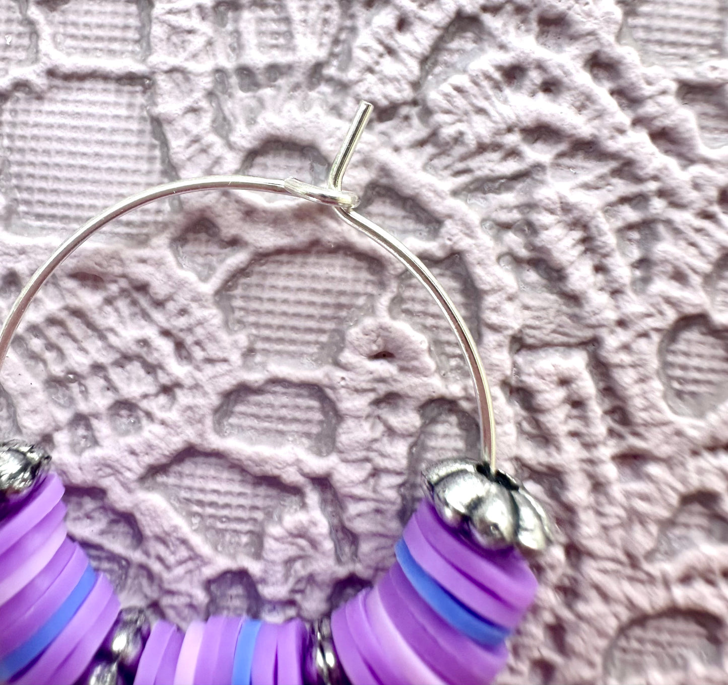 Purple Heishi Beaded Hoop Earrings – Handmade Lightweight Polymer Clay Hoops