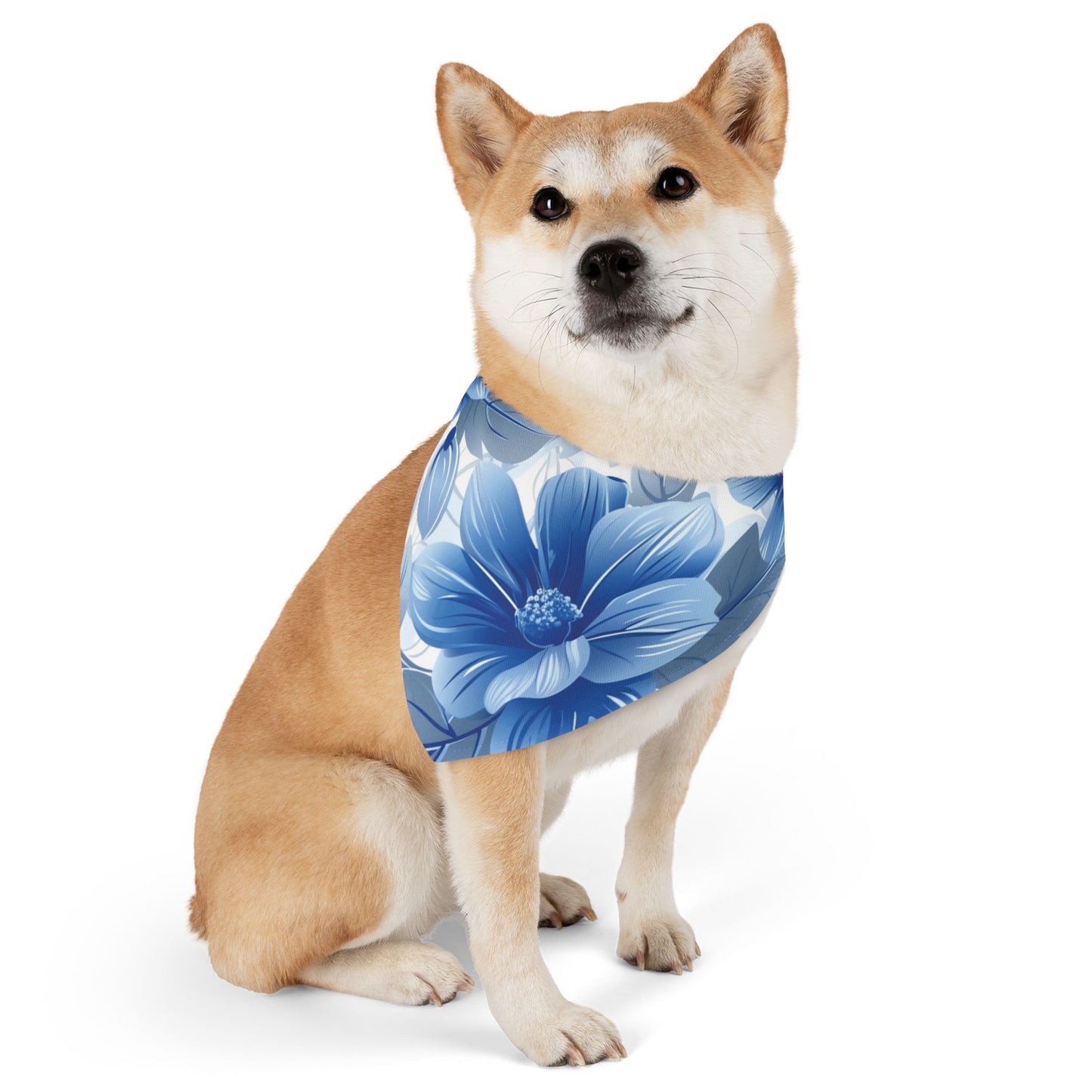 Blue and White Hawaiian Floral Dog Bandana, Over the Collar