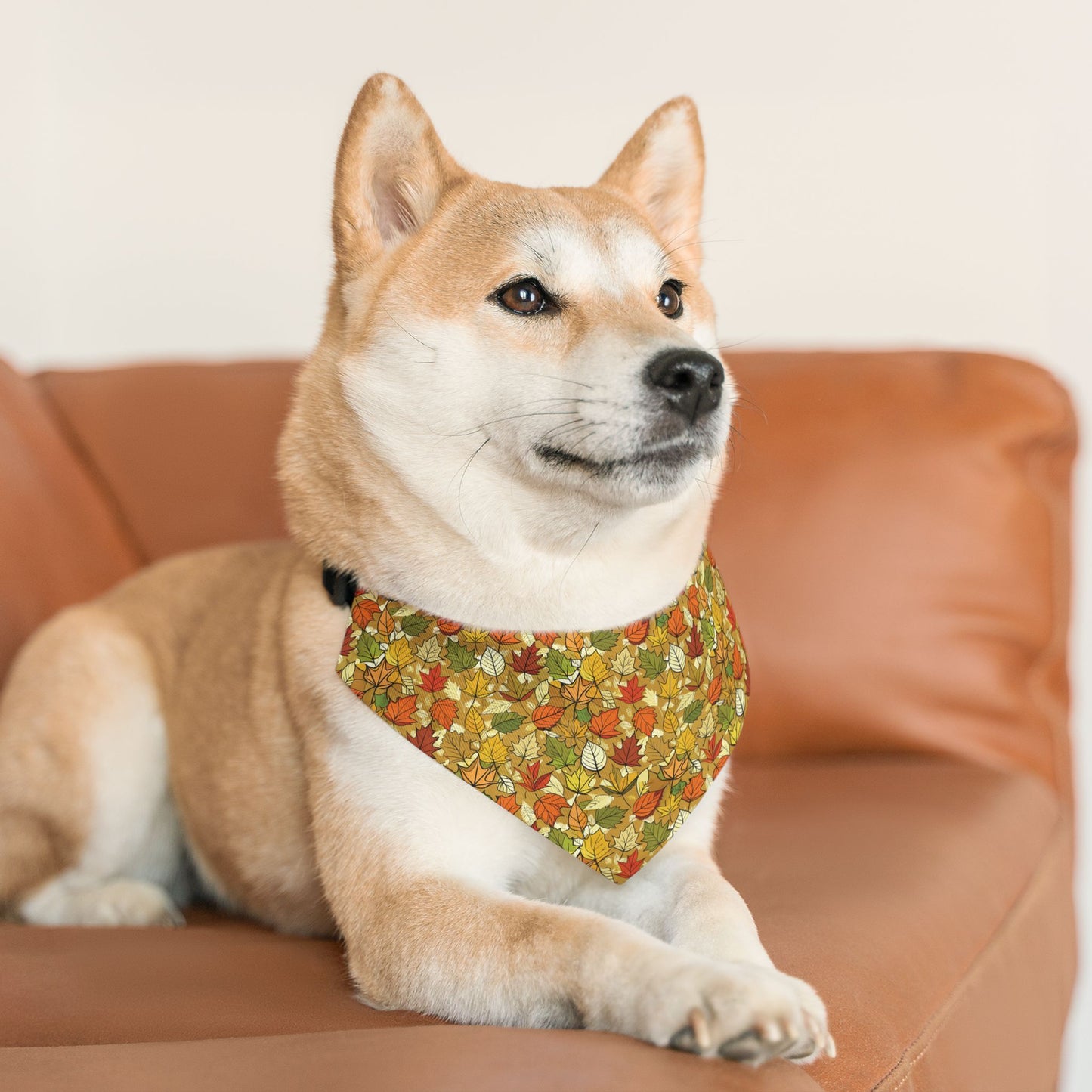 Autumn Leaves Dog Bandana – Tan Background with Yellow, Orange, Green & Red Leaf Pattern