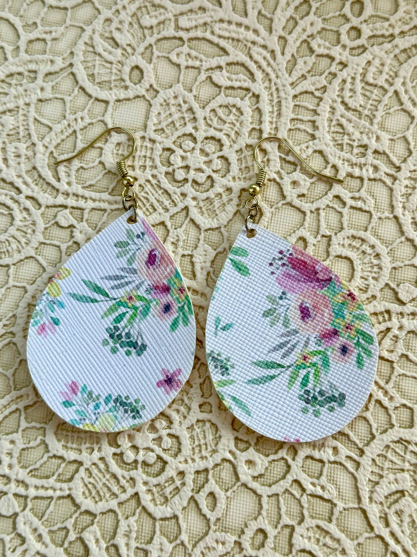 Floral Teardrop Earrings – Faux Leather Dangle Earrings – Spring Flower Earrings for Women