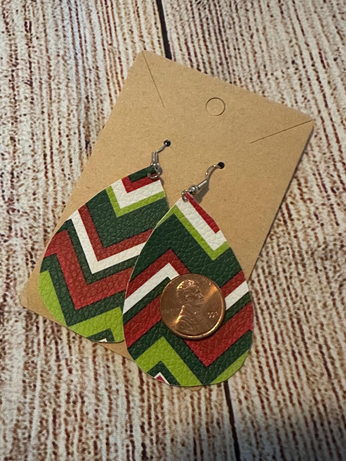 Red, Green, White Chevron Faux Leather Teardrop Earrings with fish hooks with penny for size