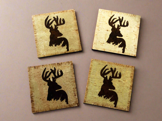 Wood Burned Antlered Deer Coasters – Set of 4 Handmade 4" Rustic Coasters