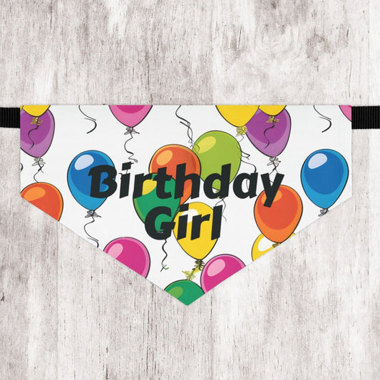 Birthday Girl Dog Bandana – Over-the-Collar Style, White with Colorful Balloons