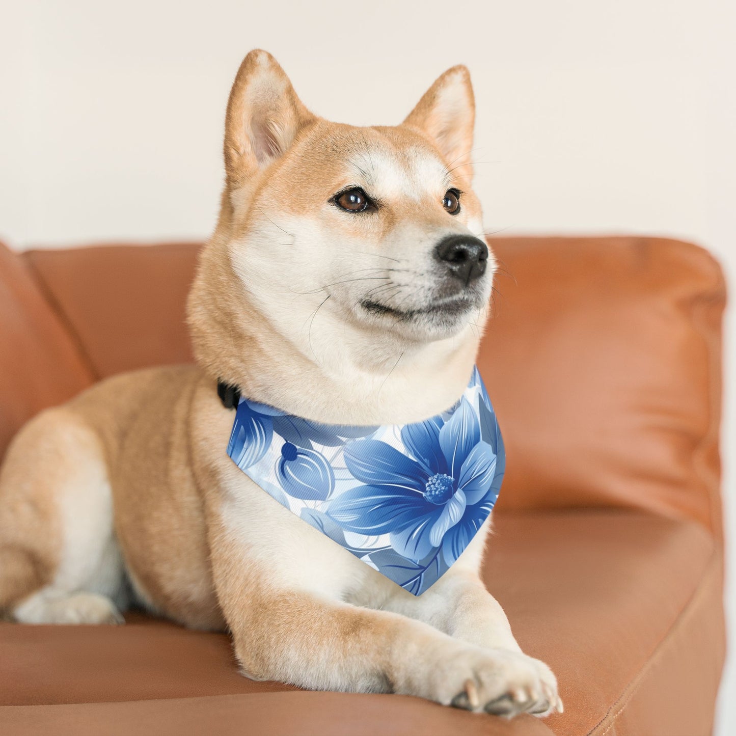 Blue and White Hawaiian Floral Dog Bandana, Over the Collar