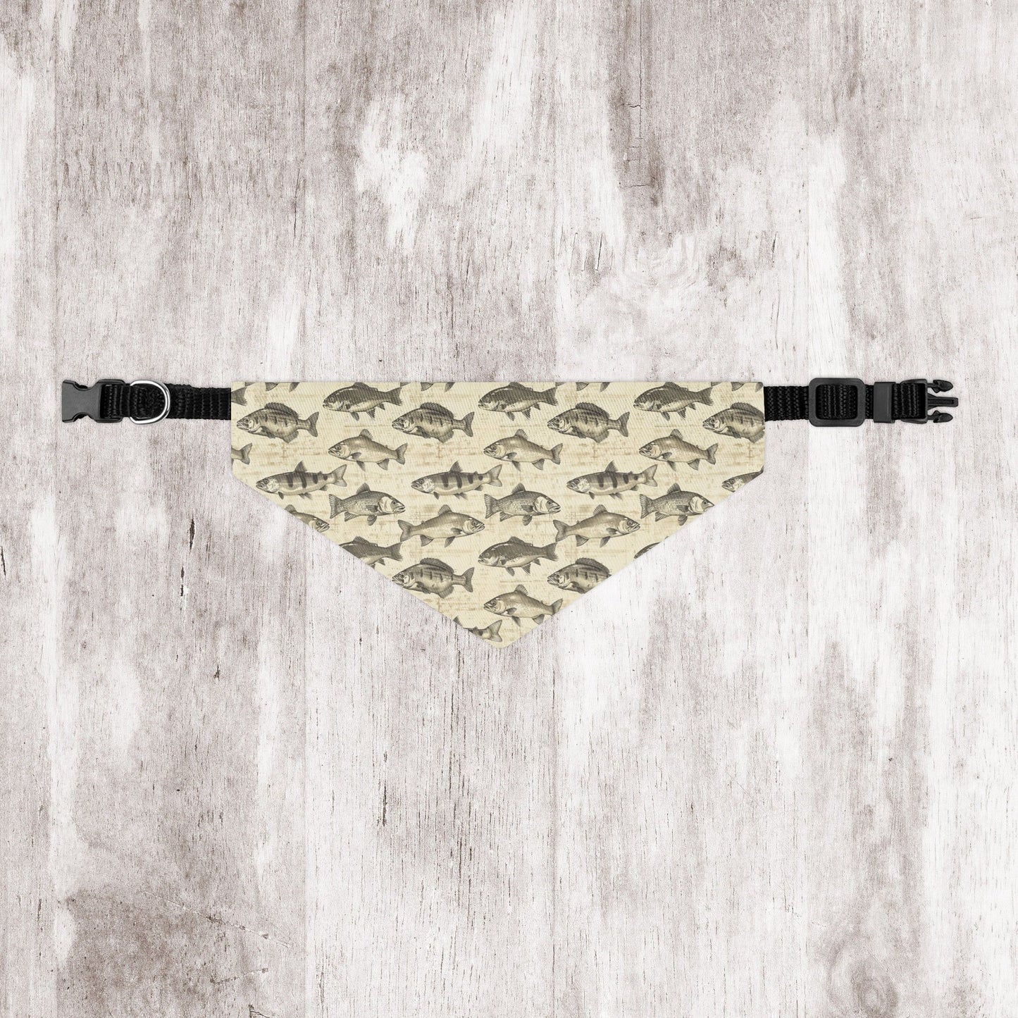 Fish Pattern Dog Bandana with Collar – Over-the-Collar Pet Bandana – Tan and Gray Dog Accessory