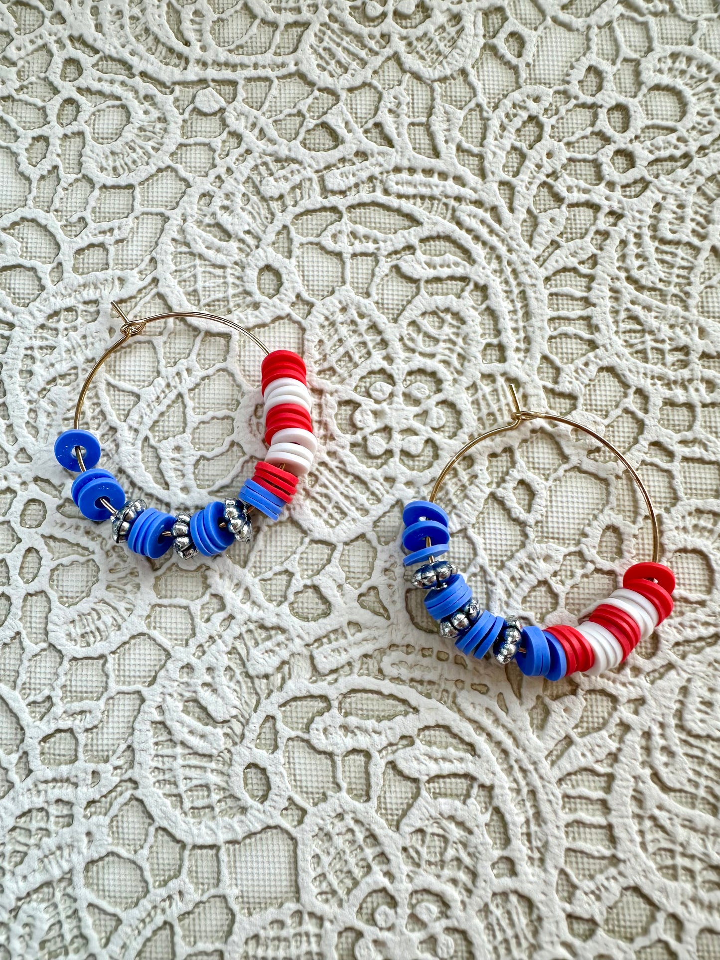 American Flag Heishi Bead Hoop Earrings – Red, White, and Blue Patriotic Jewelry (1.25”)