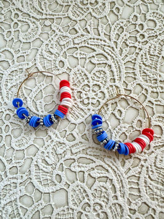 American Flag Heishi Bead Hoop Earrings – Red, White, and Blue Patriotic Jewelry (1.25”)