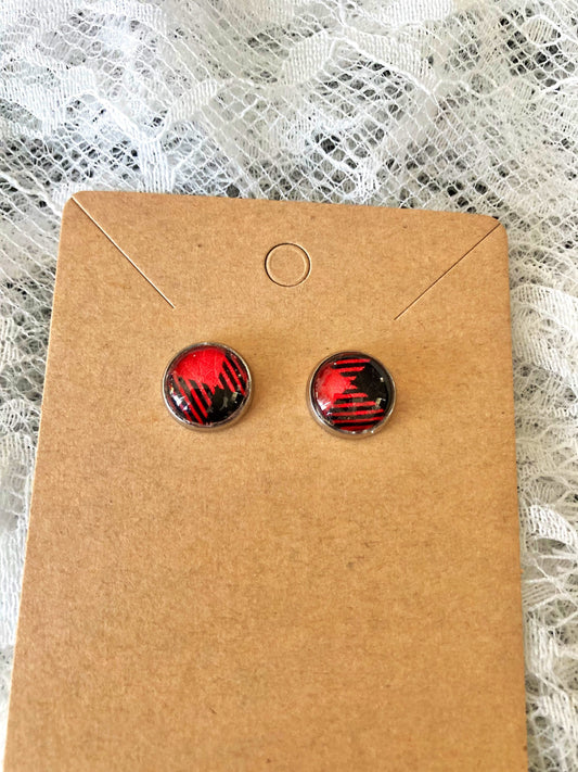 round stud earrings with red and black buffalo plaid faux leather center
