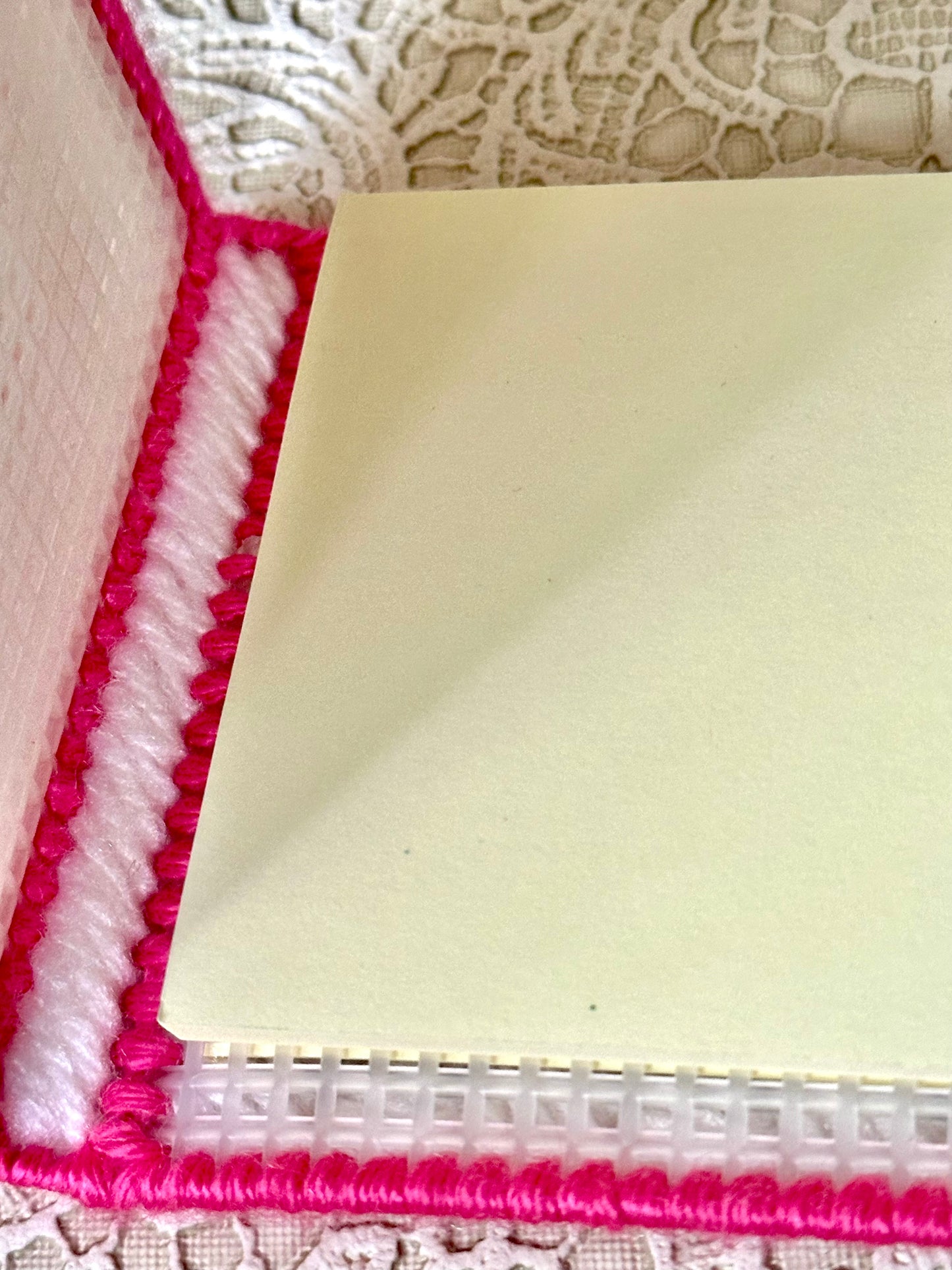 Handmade White Sticky Note Holder with Pink Trim & Flower – Plastic Canvas Cover