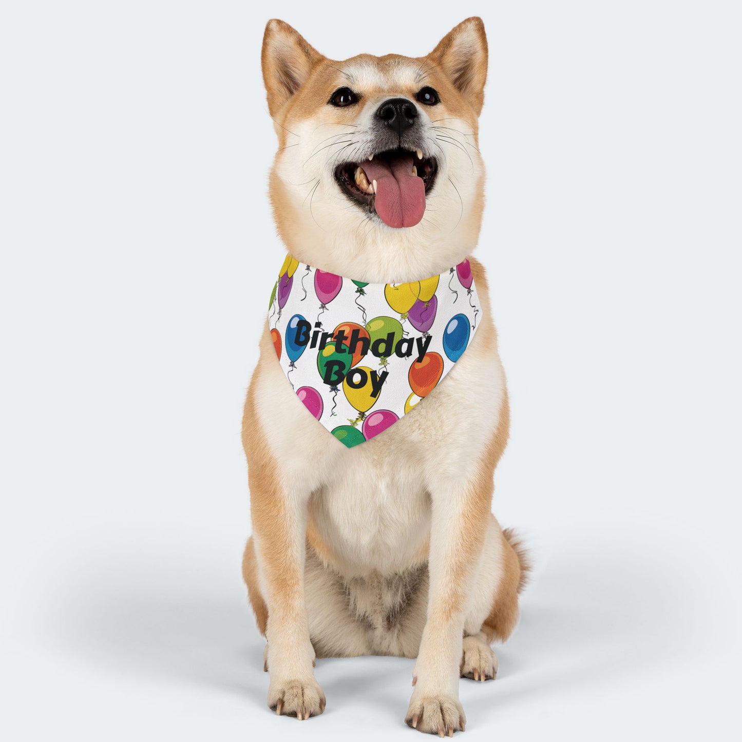 Birthday Boy Dog Bandana – Over-the-Collar Style, White with Colorful Balloons