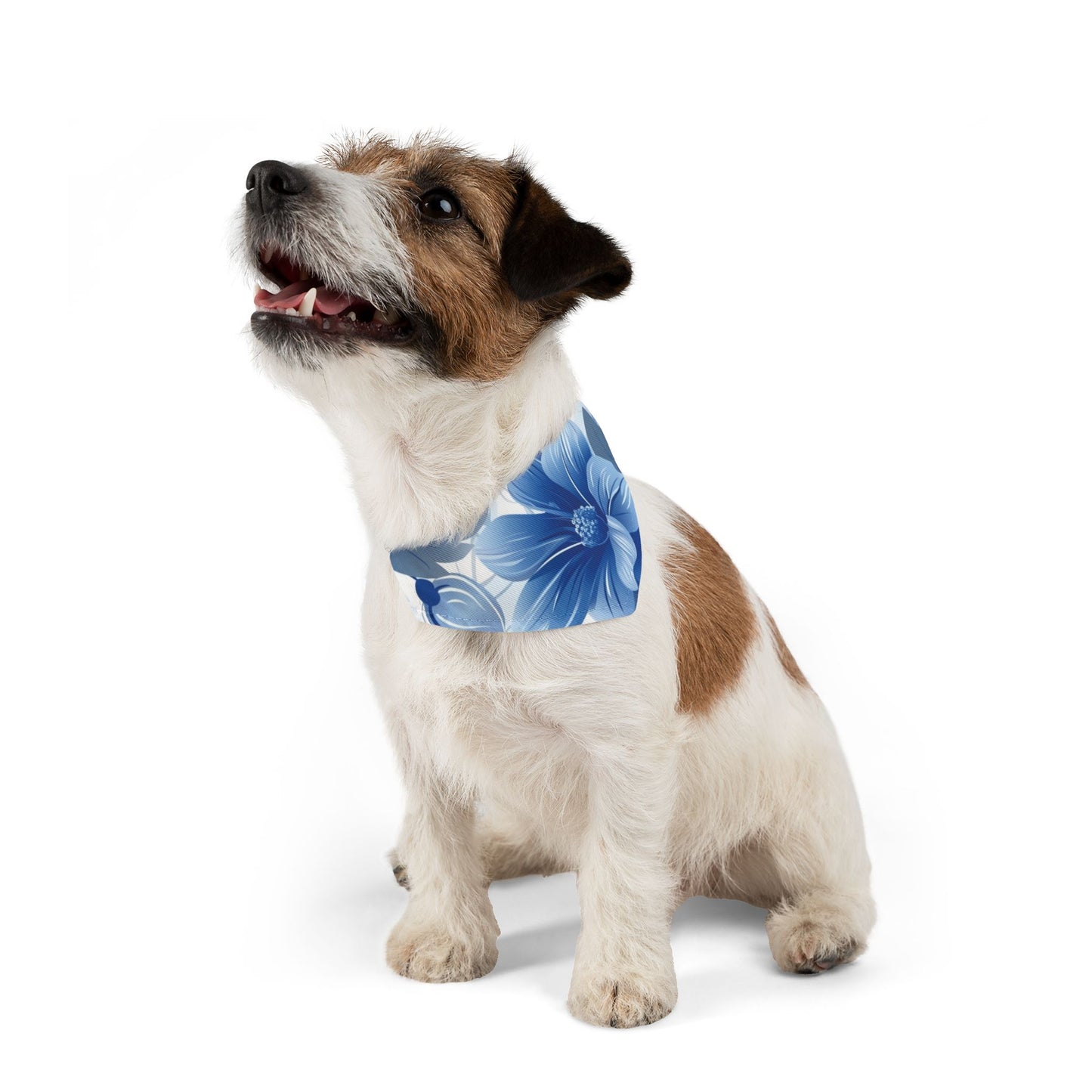 Blue and White Hawaiian Floral Dog Bandana, Over the Collar