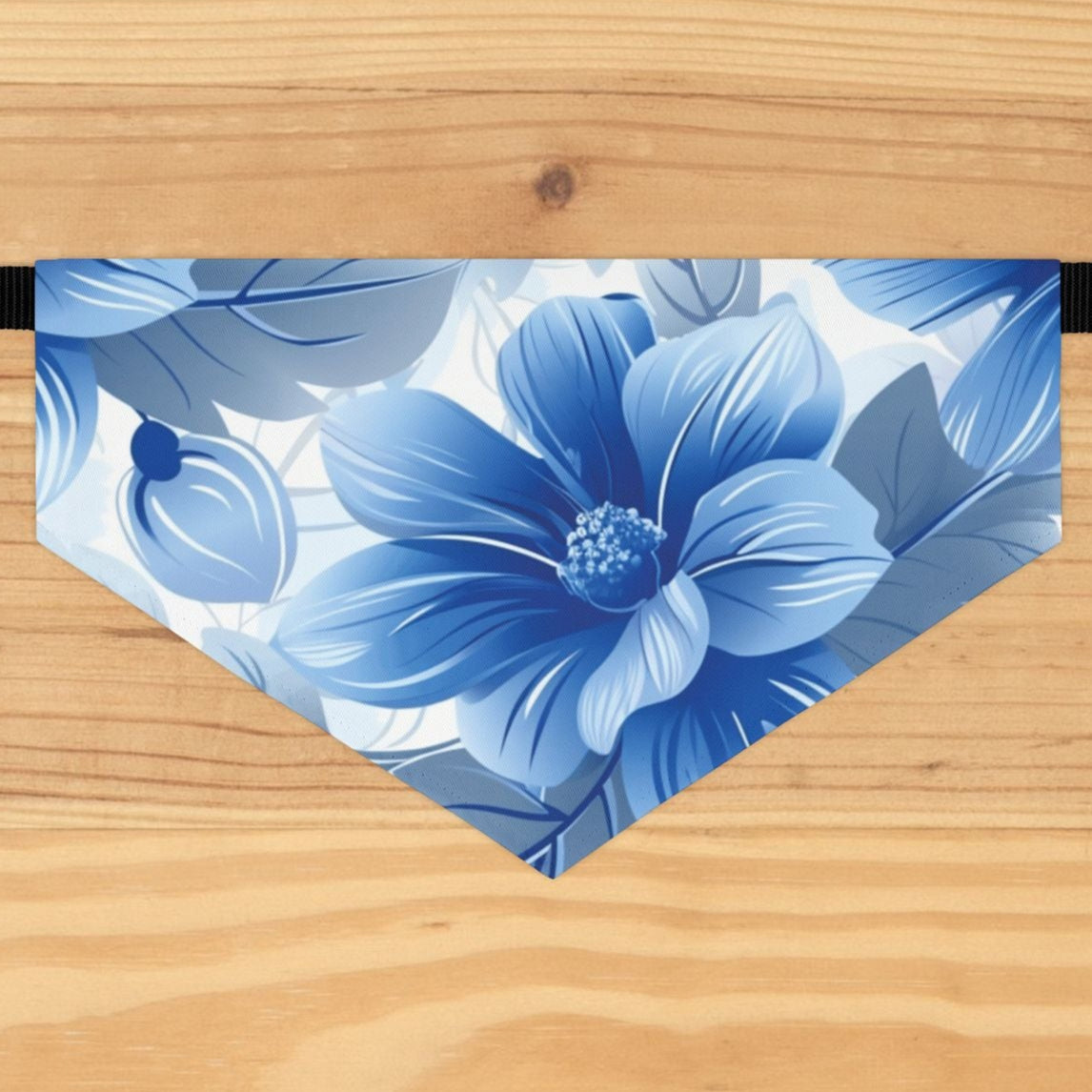 Blue and White Hawaiian Floral Dog Bandana, Over the Collar