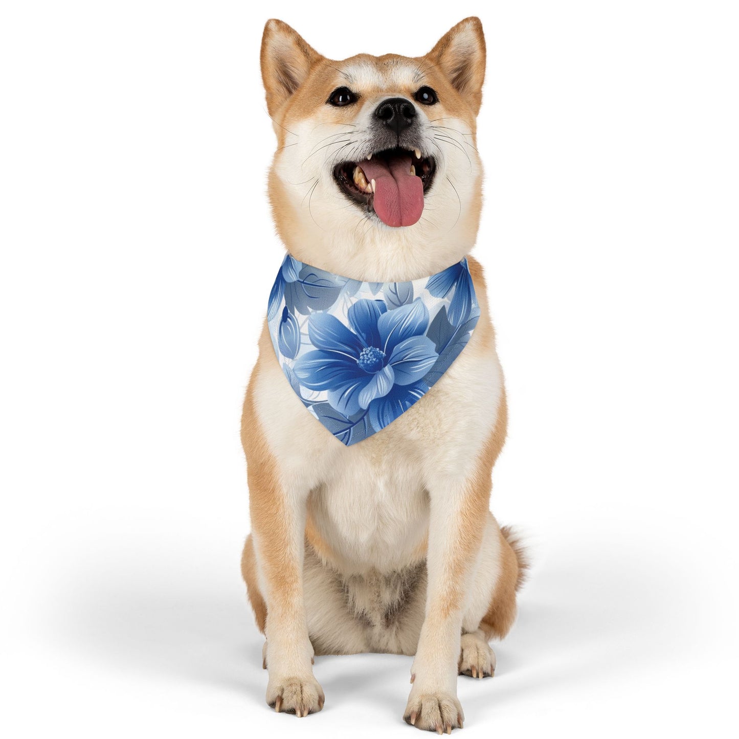 Blue and White Hawaiian Floral Dog Bandana, Over the Collar