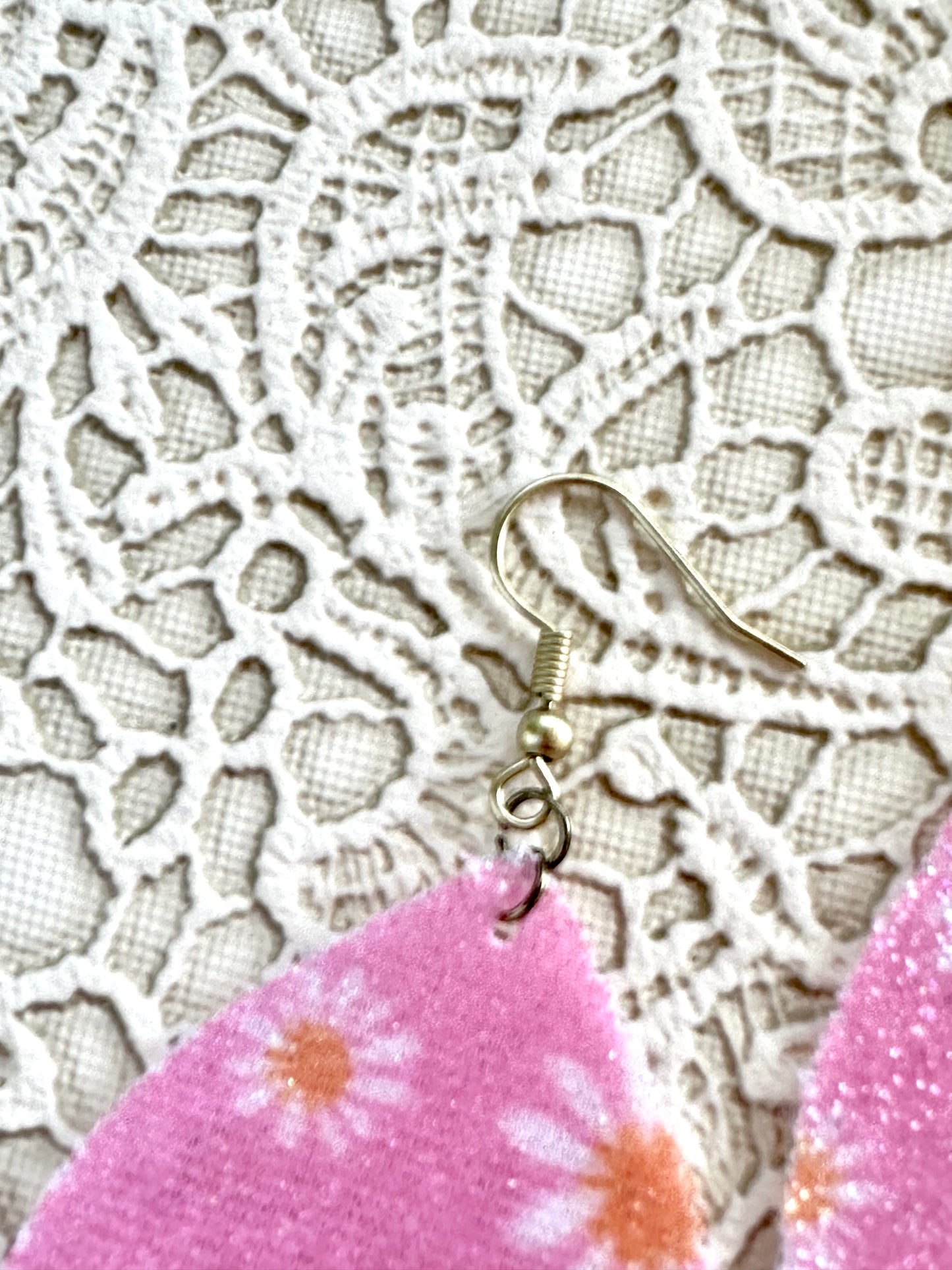 Glittery Pink Daisy Teardrop Earrings – Faux Leather Spring Earrings for Women