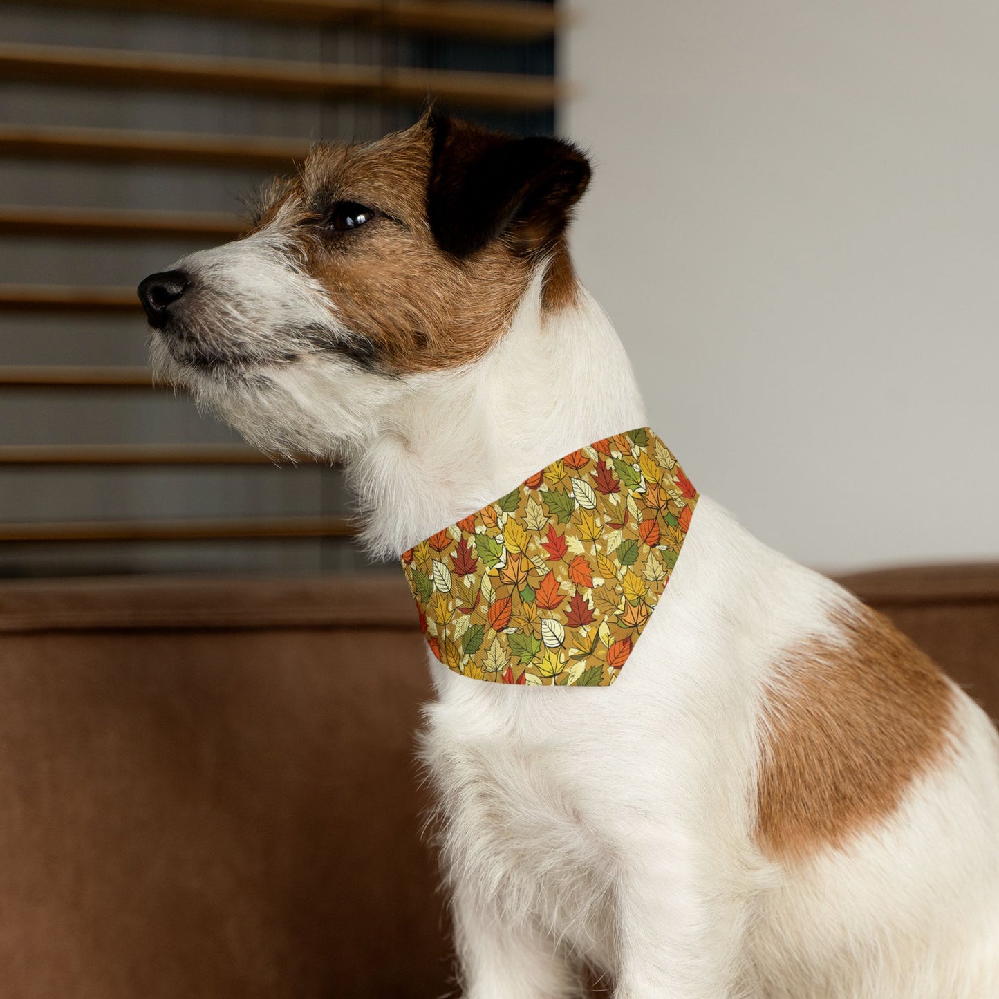 Autumn Leaves Dog Bandana – Tan Background with Yellow, Orange, Green & Red Leaf Pattern