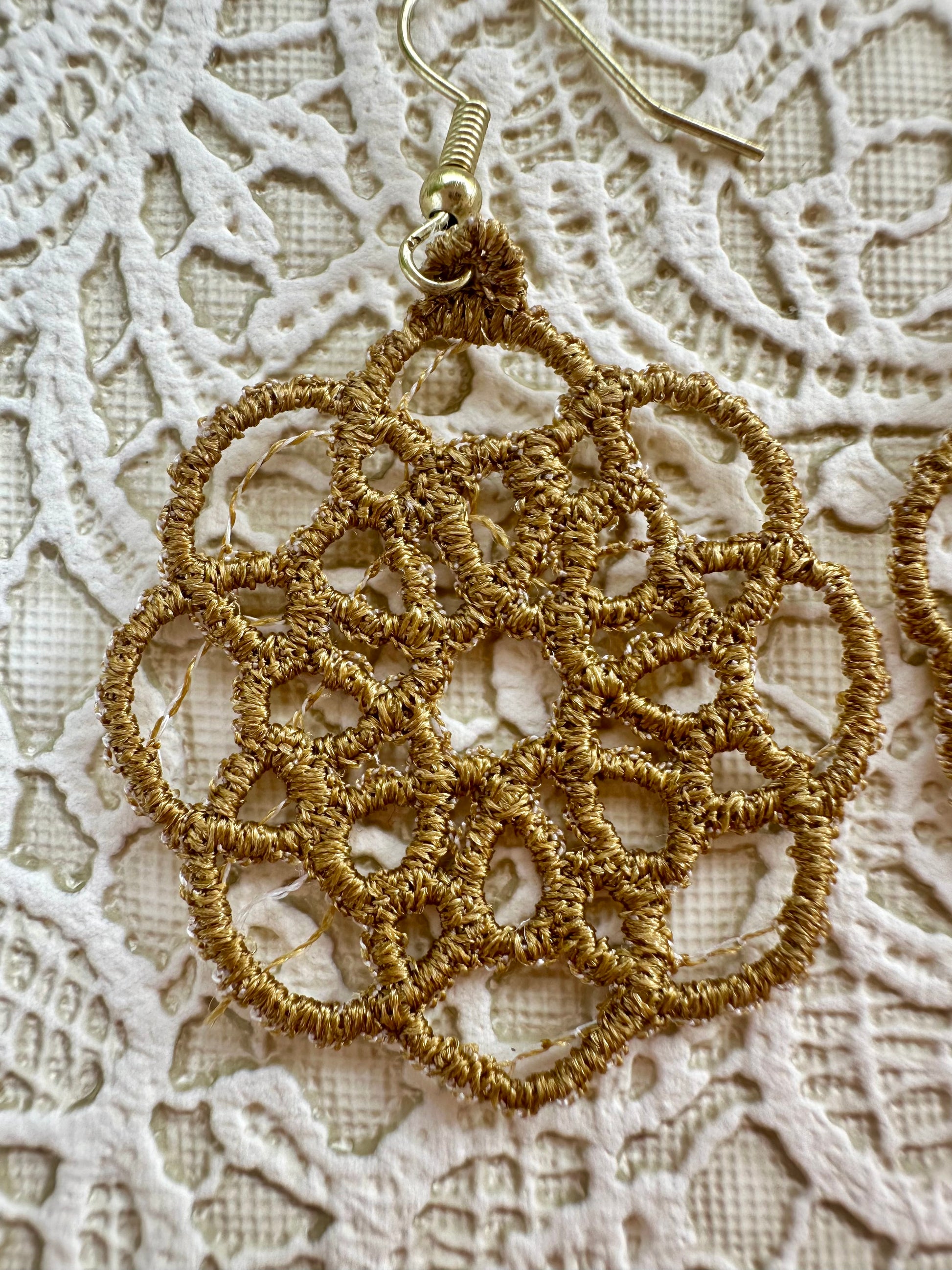 Dark Gold Free Standing Lace Earrings – Embroidered Lightweight Statement Jewelry