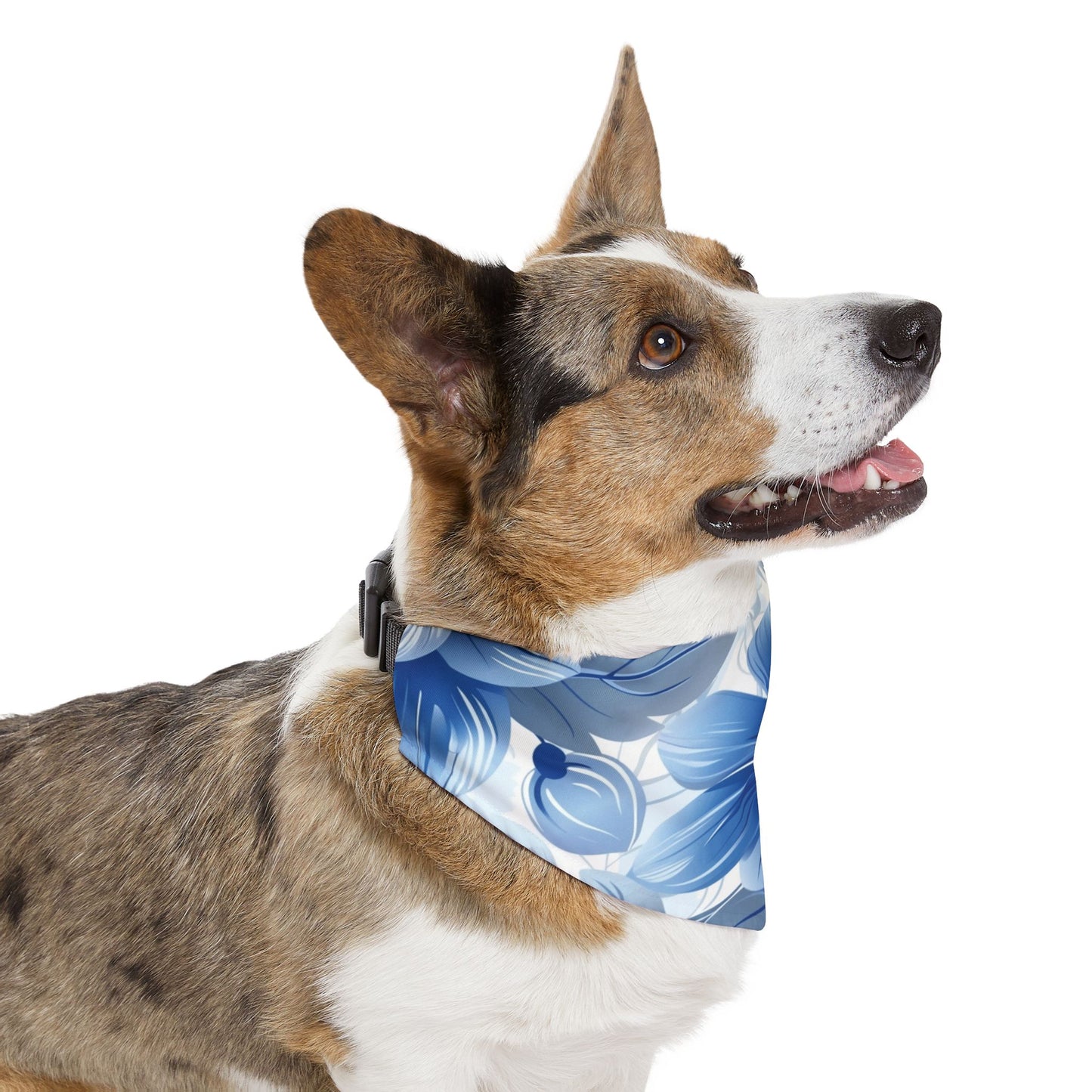 Blue and White Hawaiian Floral Dog Bandana, Over the Collar