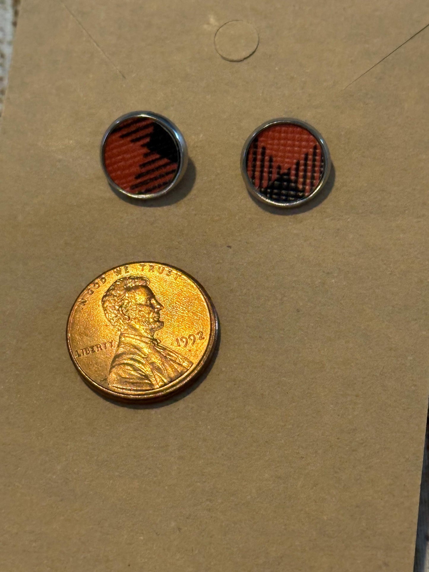 Orange and Black Buffalo Plaid Faux Leather Halloween Stud Earrings with penny for size