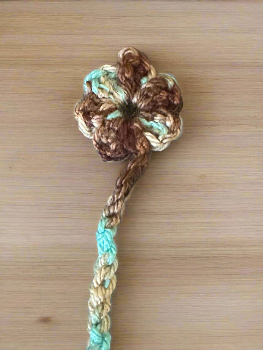 multi color tan, brown, blue Crocheted Flower Bookmark