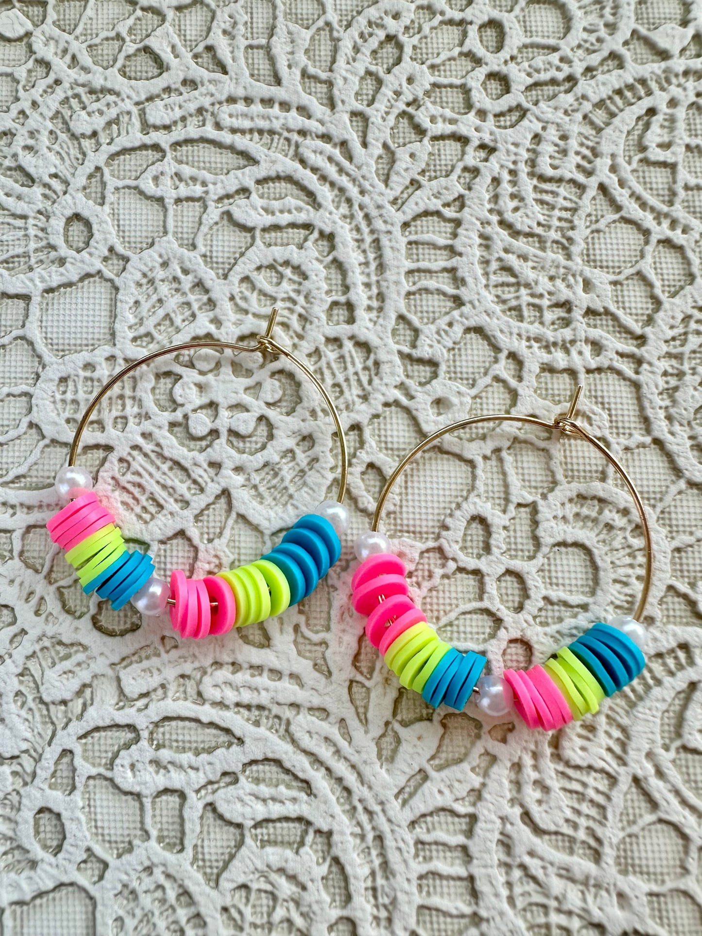 Neon Heishi Beaded Hoop Earrings with Faux Pearls – Bright Summer Jewelry