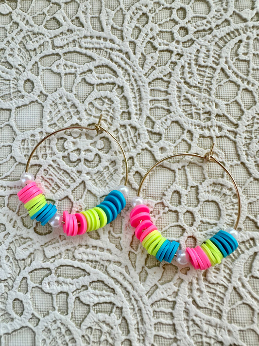 Neon Heishi Beaded Hoop Earrings with Faux Pearls – Bright Summer Jewelry