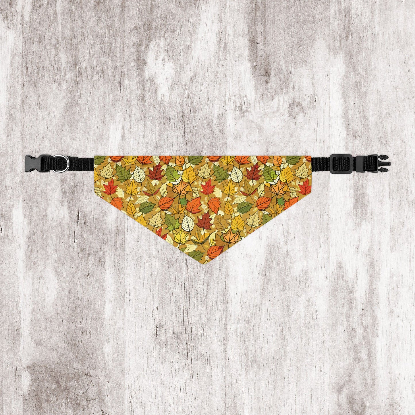 Autumn Leaves Dog Bandana – Tan Background with Yellow, Orange, Green & Red Leaf Pattern