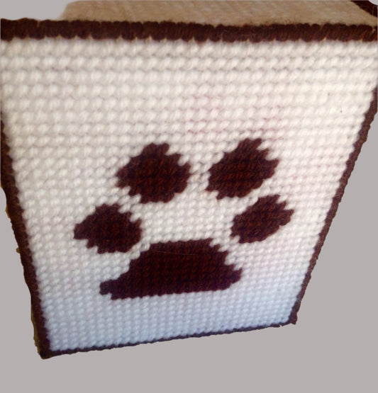 Handmade Plastic Canvas Tissue Box Cover – Paw Print Design, Brown and white stitched