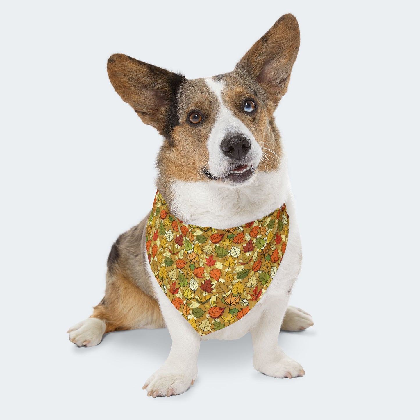 Autumn Leaves Dog Bandana – Tan Background with Yellow, Orange, Green & Red Leaf Pattern