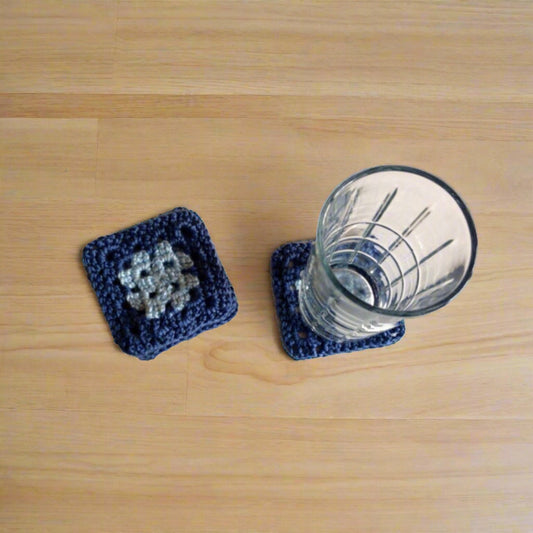 Granny Square Crocheted Coasters – Set of 6, Country Blue & Light Blue, 4" Handmade Coasters