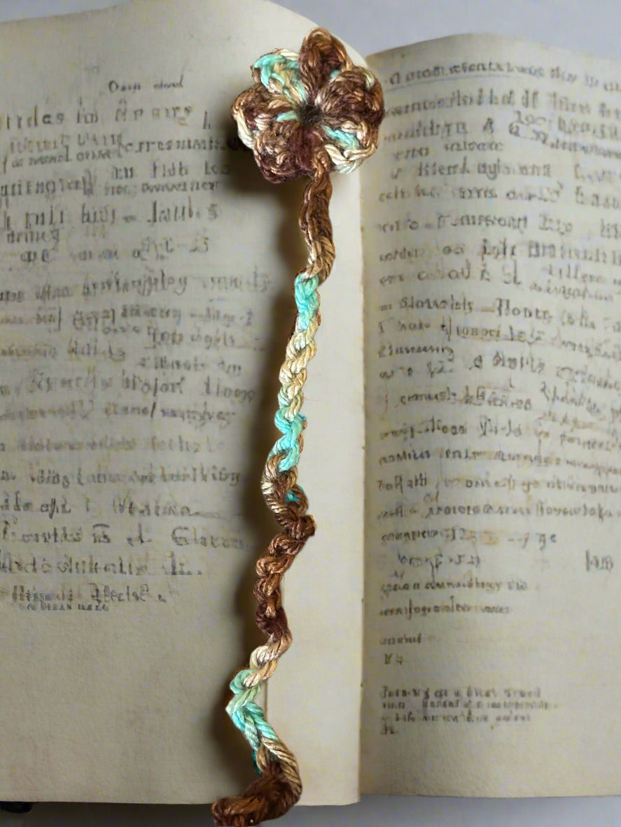 multi-color tan, brown, blue Crocheted Flower Bookmark
