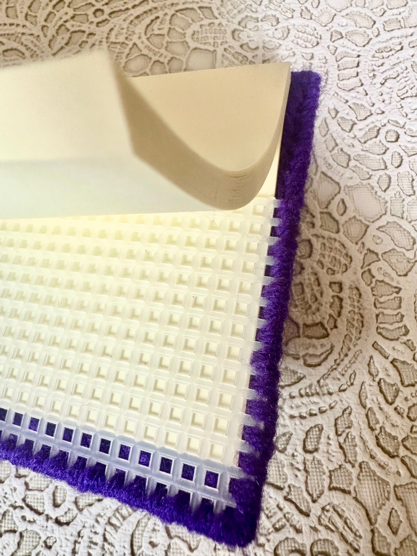 Handmade Purple Sticky Note Holder with Pink Star Buttons – Plastic Canvas Cover