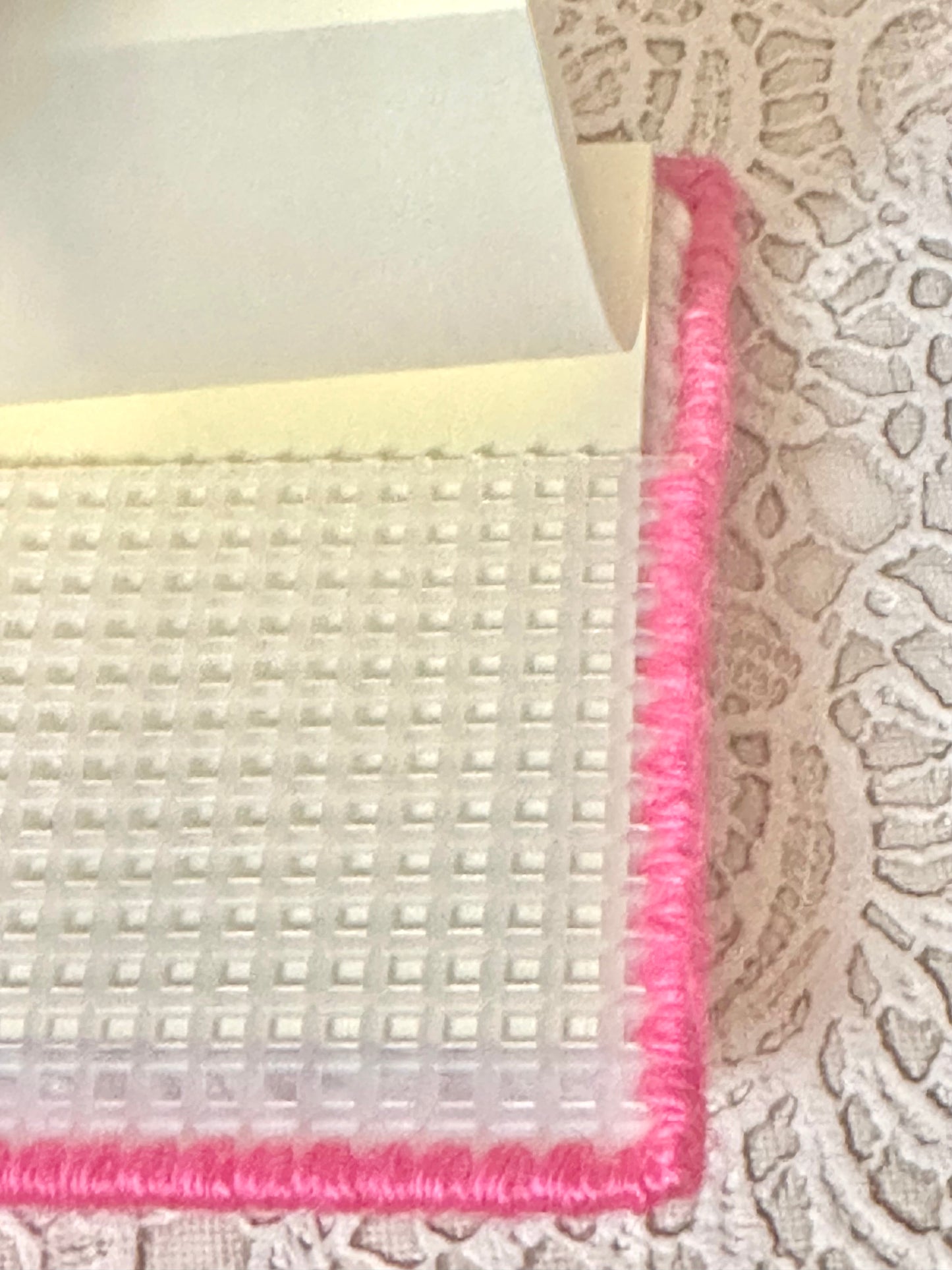 Handmade White Sticky Note Holder with Pink Trim & Flower – Plastic Canvas Cover