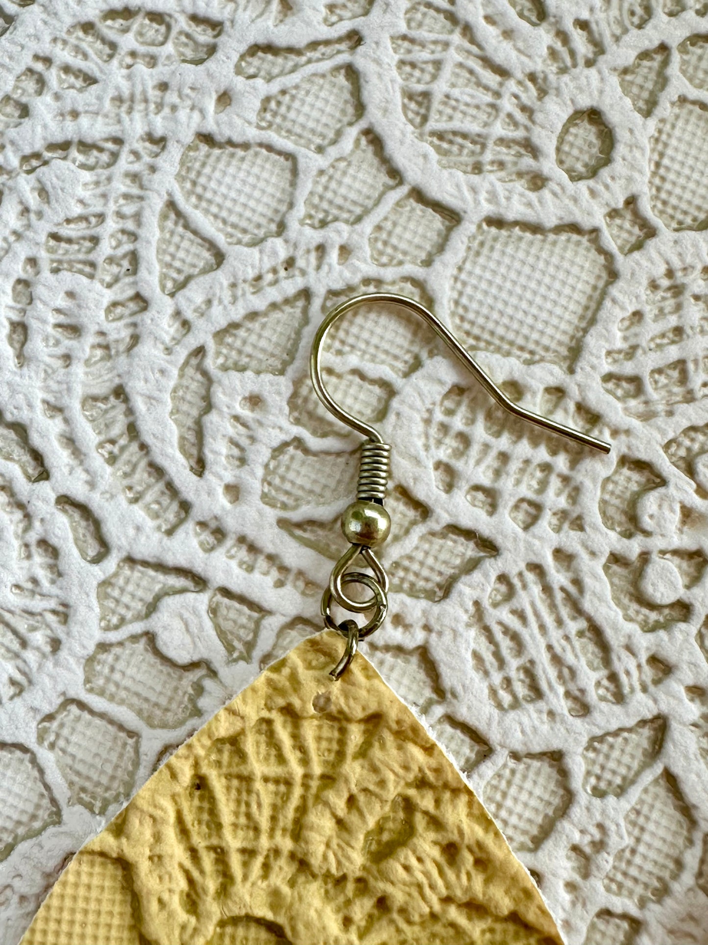 Yellow Lace Teardrop Earrings – Faux Leather Dangle Earrings – 1.5" x 2" Lightweight Fall Jewelry