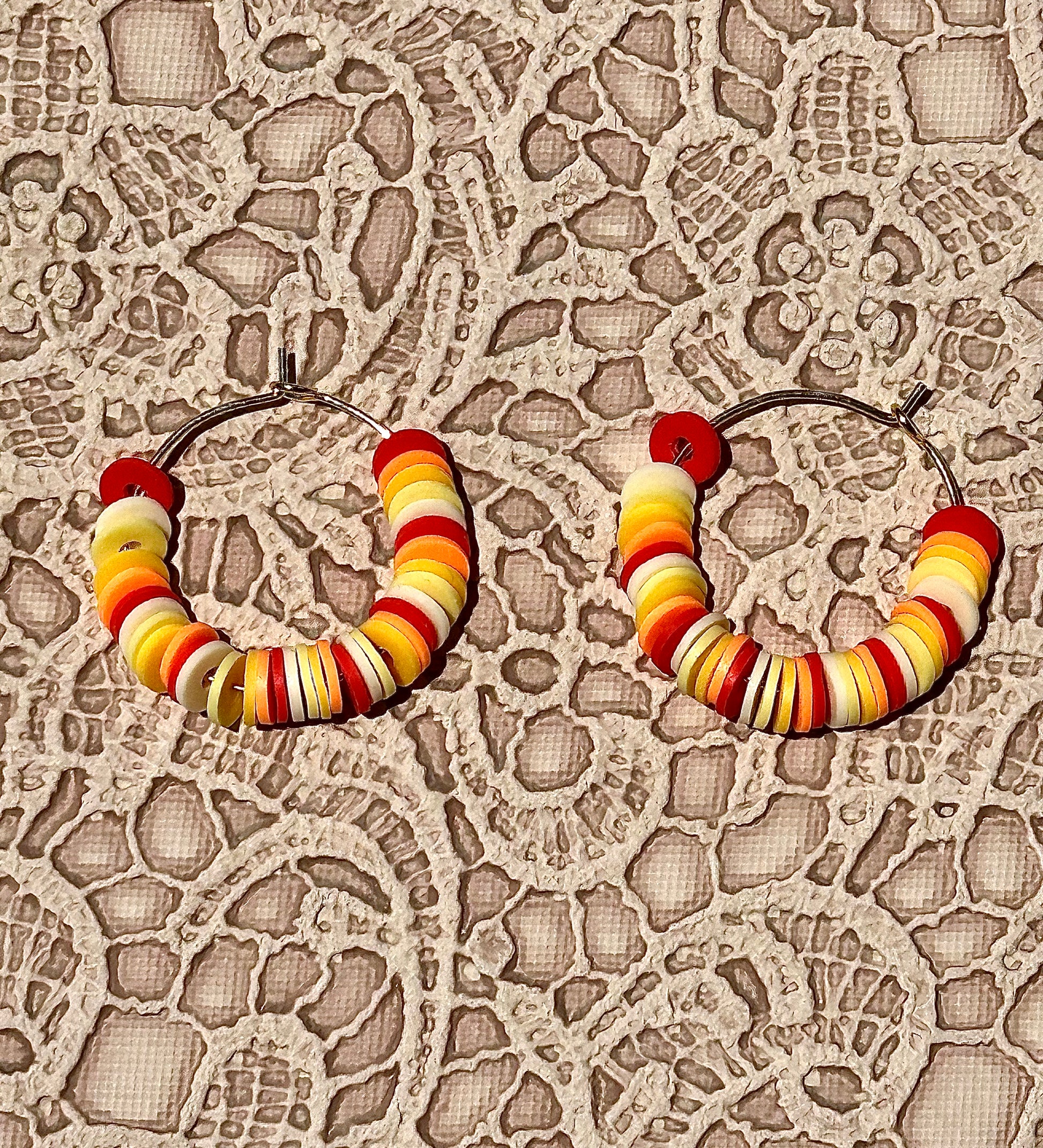 Sunset Heishi Bead Hoop Earrings – Polymer Clay Hoop Earrings – Warm Sunrise-Inspired Fall Jewelry