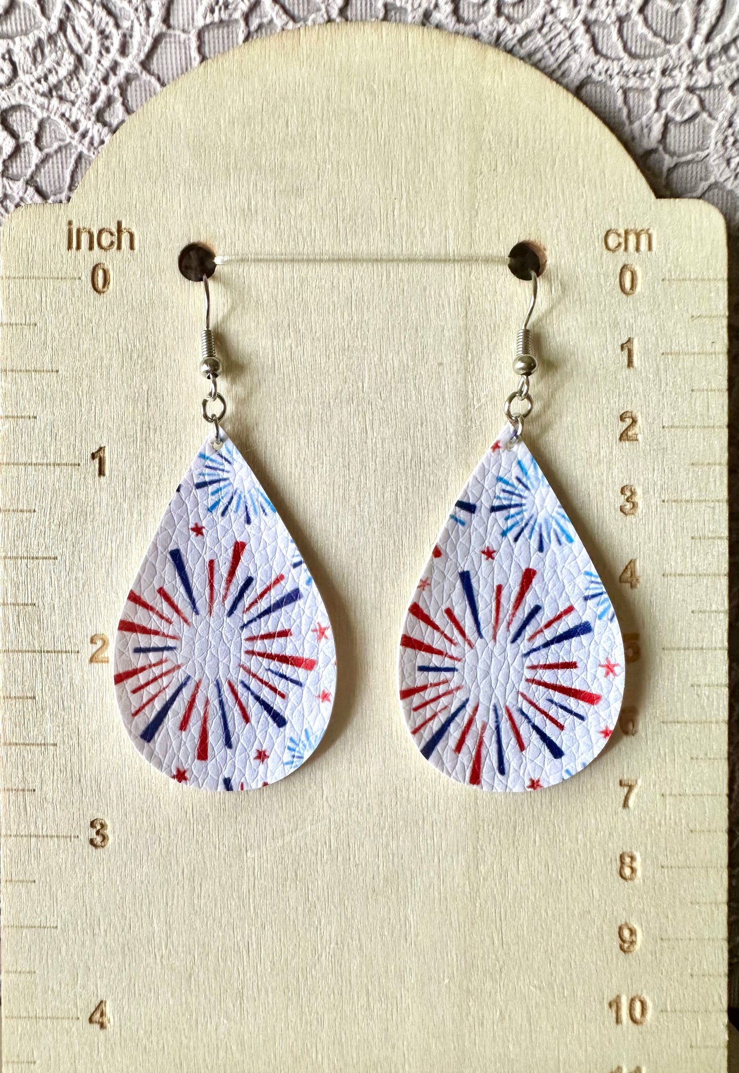 Fireworks Faux Leather Teardrop Earrings – Red, White & Blue Patriotic Dangle Earrings