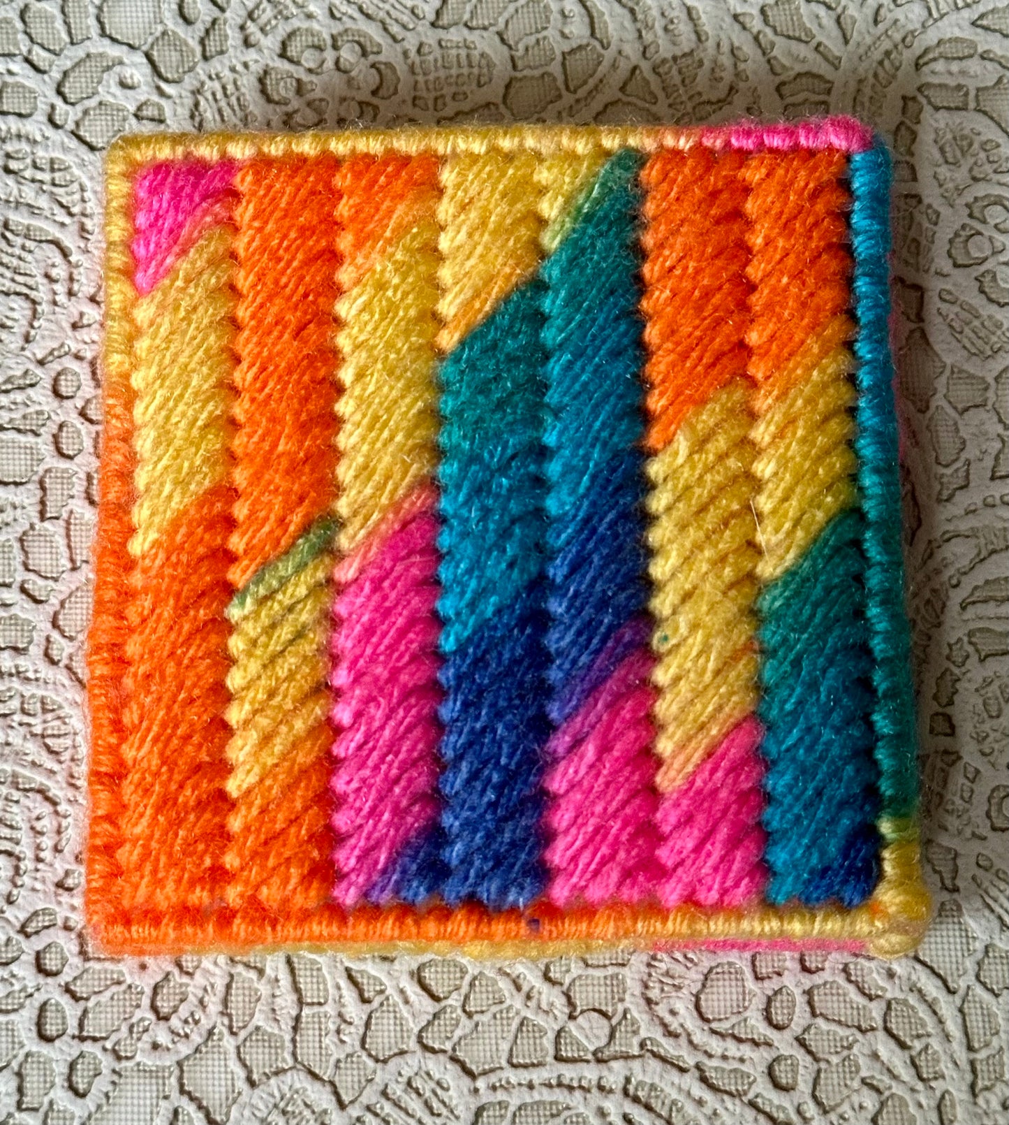 Handmade Variegated Sticky Note Holder – Multicolor Plastic Canvas Cover with Notepad